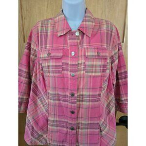 Pink Plaid Button-Up Jacket With 3/4 Sleeves & Pockets cottagecore fairycore